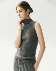 100%カシミヤ リブ編みノースリーブモックネックトップス