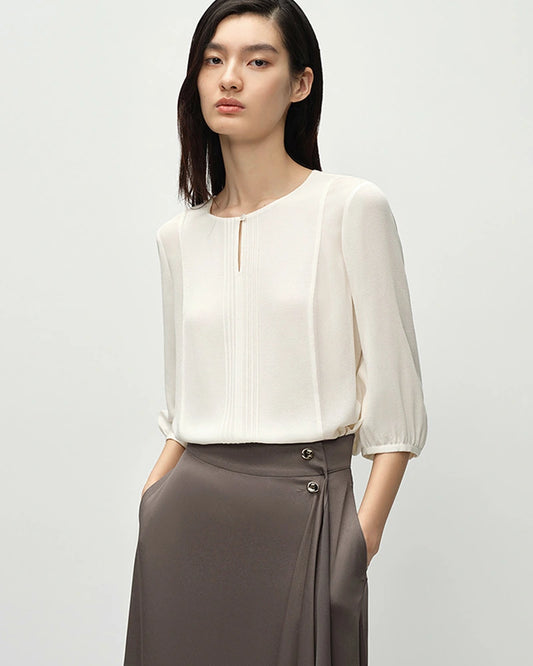 19匁 シルク ラウンドネック 七分袖ブラウス