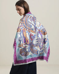 シルク 多彩なモチーフ 紫色スカーフ