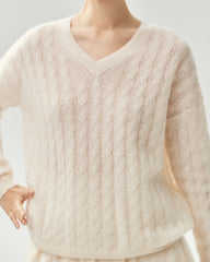 カシミヤシルク Vネック ケーブルニットセーター