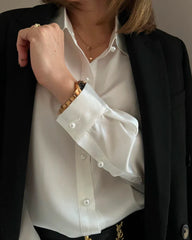 女性用クラシックシルクシャツ パールボタンデザイン