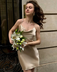 ドレープネック クロスバック ミニ丈シルクワンピース