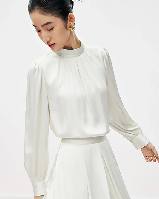 モックネック プリーツ シルクブラウス