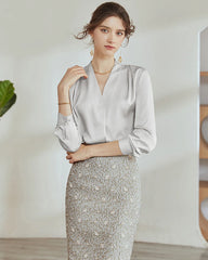Vネック シルク プリーツブラウス