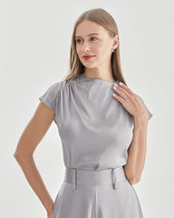 スタンドカラー キャップスリーブ シルクシャツ