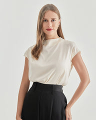 スタンドカラー キャップスリーブ シルクシャツ