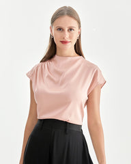 スタンドカラー キャップスリーブ シルクシャツ