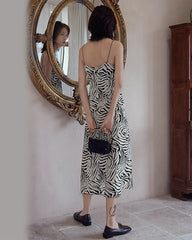 ゼブラ柄スパゲッティストラップシルクドレス