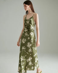 グリーン花柄シルクドレス