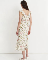 花柄フリルショルダーシルクワンピース