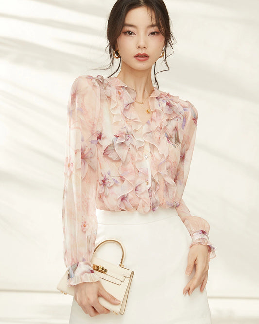 ピンクリリーシルク 花柄 フリル 長袖ブラウス