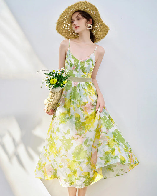 シルク花柄ノースリーブミディドレス