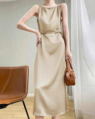 ノースリーブ シルク シースドレス