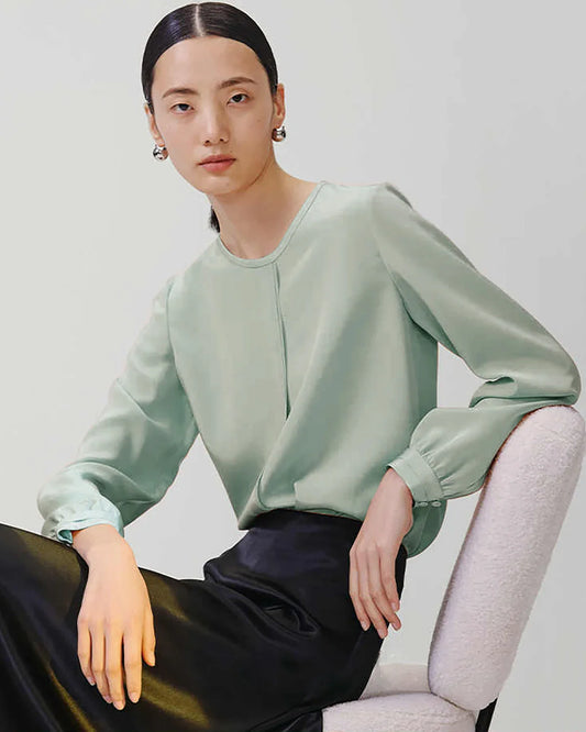 ラウンドネック プリーツ シルクブラウス