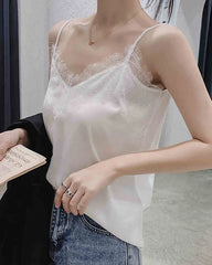 レース付きVネック シルクキャミソール