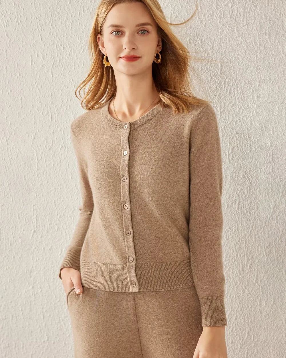 Essential Knit Cashmere Cardigan, Dark Camel
