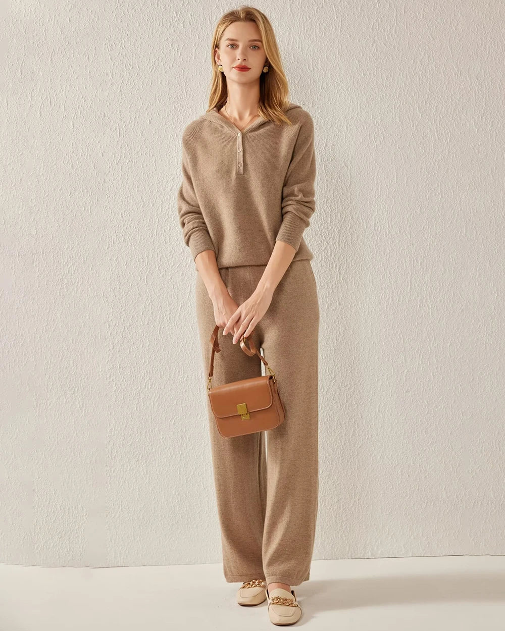 V-Neck Hooded Cashmere Sweater, Dark Camel