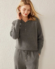 V-Neck Hooded Cashmere Sweater, Grey