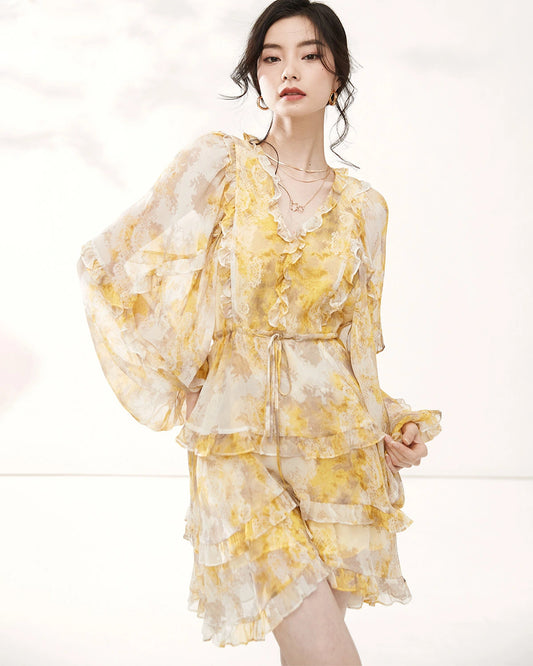 イエローシルク 長袖 フリル ミニドレス