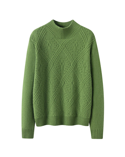 ダイヤ柄ニットのモックネックカシミヤセーター