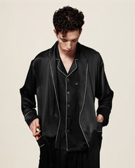 ピュアシルク コントラストパイピング ベルト付きローブ&パンツセット