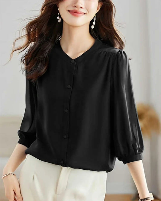 ラウンドネック 七分袖 シルクトップス