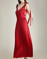 肩リボン付きシルクスリップドレス