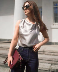 ノースリーブ シルク ドレープネック トップ