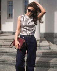 ノースリーブ シルク ドレープネック トップ