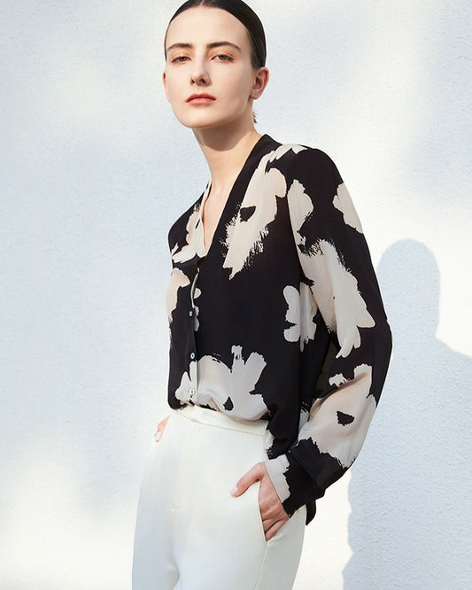 Vネック フローラル シルクブラウス 長袖