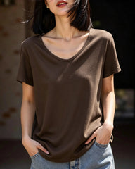 女性用シルクジャージーVネックTシャツ