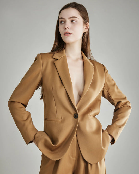 Wool Peak Lapel Blazer for Women, Camel