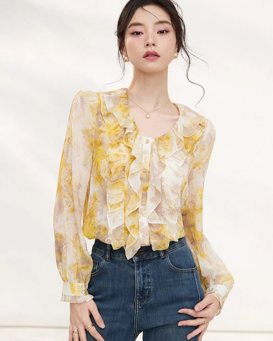 イエローシルク 花柄 フリル 長袖ブラウス