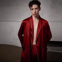 ピュアシルク コントラストパイピング ベルト付きローブ&パンツセット