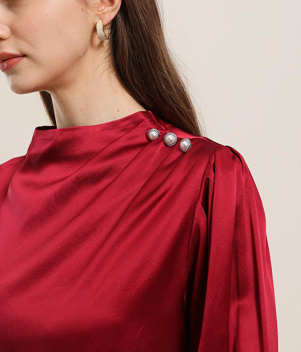Mock Neck Silk Blouse with Pearl Button, Red