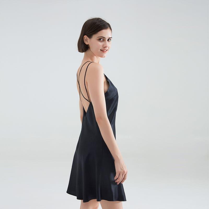 Classic Short Silk Nightgown Sleepwear, Black