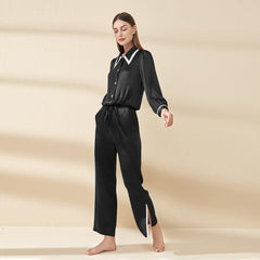 Peaked Collar Silk Pajamas, Black