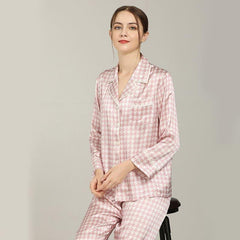 Houndstooth Print Silk Pajama Set, Pink and White