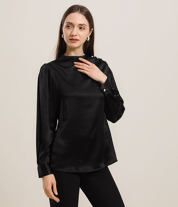 Mock Neck Silk Blouse with Pearl Button, Black