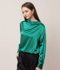 Mock Neck Silk Blouse with Pearl Button, Dark Green