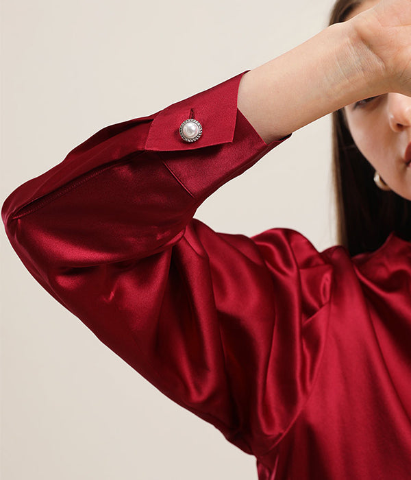 Mock Neck Silk Blouse with Pearl Button, Red