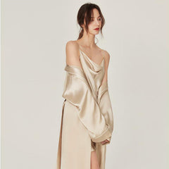 Pure Silk Nightgown & Robe Set 2Pcs Champagne