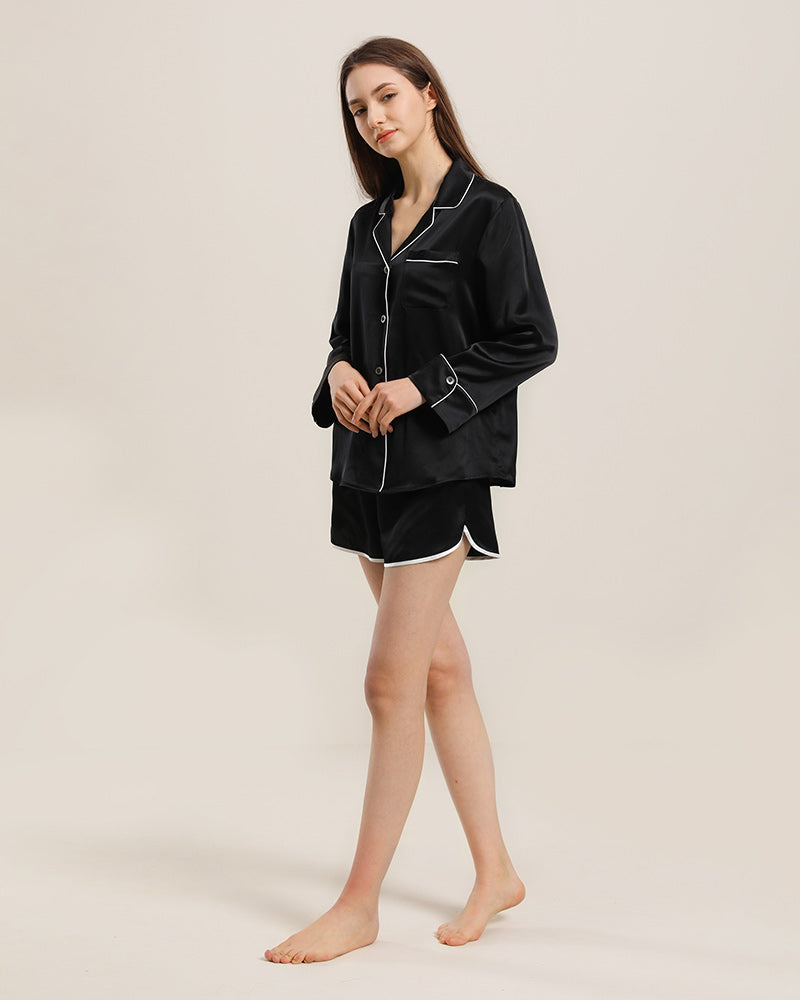 Relax Silk Shirt Shorts Pajamas Set, Black