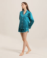 Relax Silk Shirt Shorts Pajamas Set, Peacock Blue