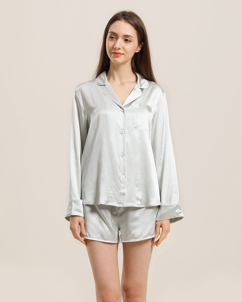 Relax Silk Shirt Shorts Pajamas Set, Grey