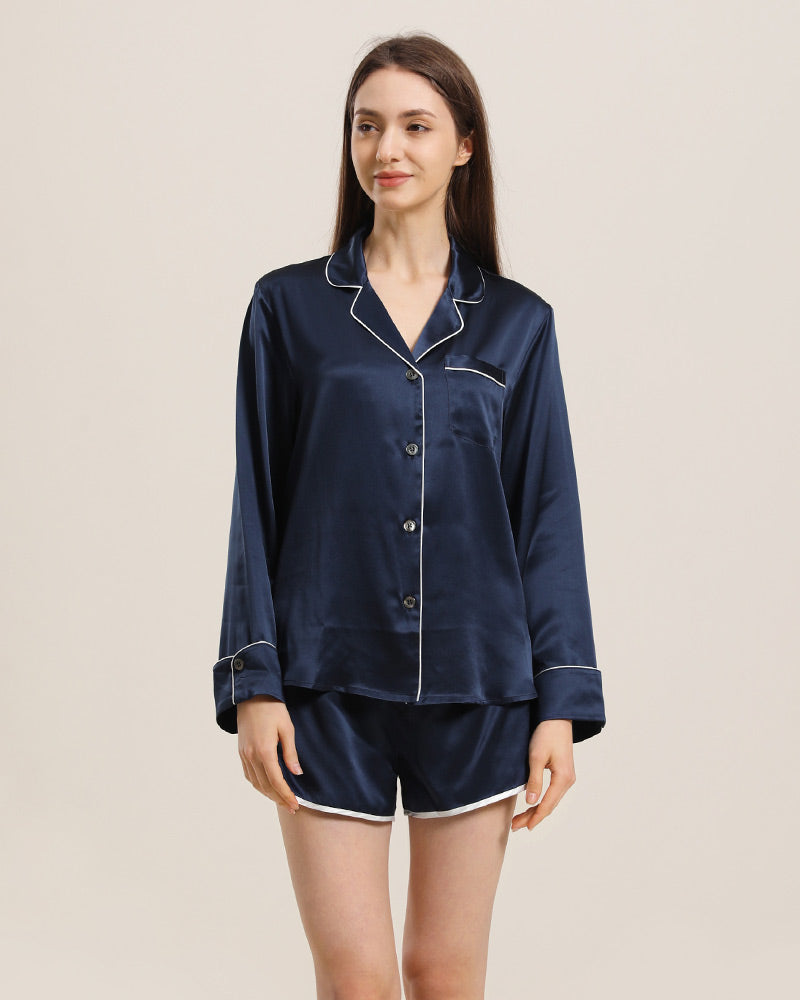 Relax Silk Shirt Shorts Pajamas Set, Navy