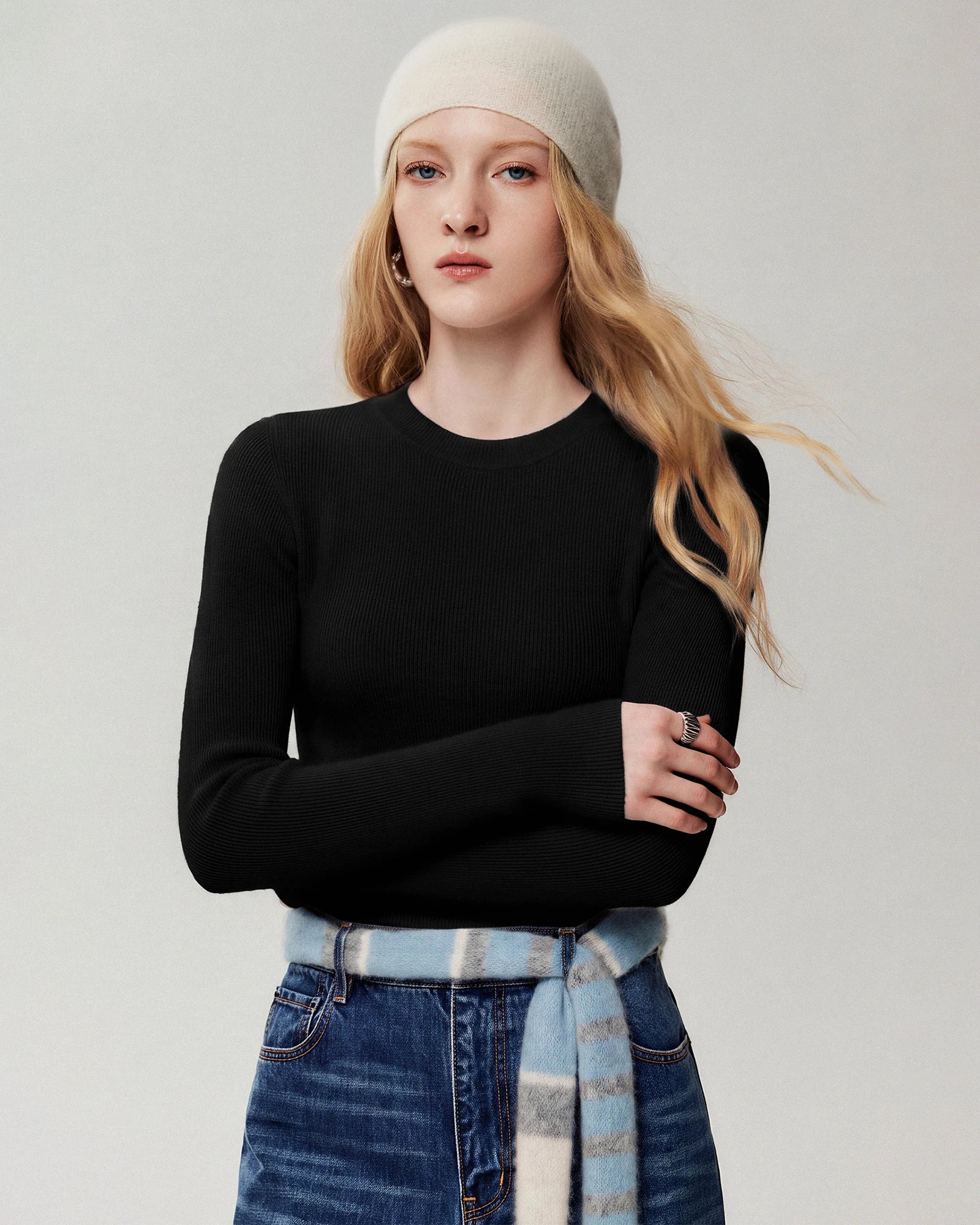 100%カシミヤ フィットシルエット クルーネックニットトップス