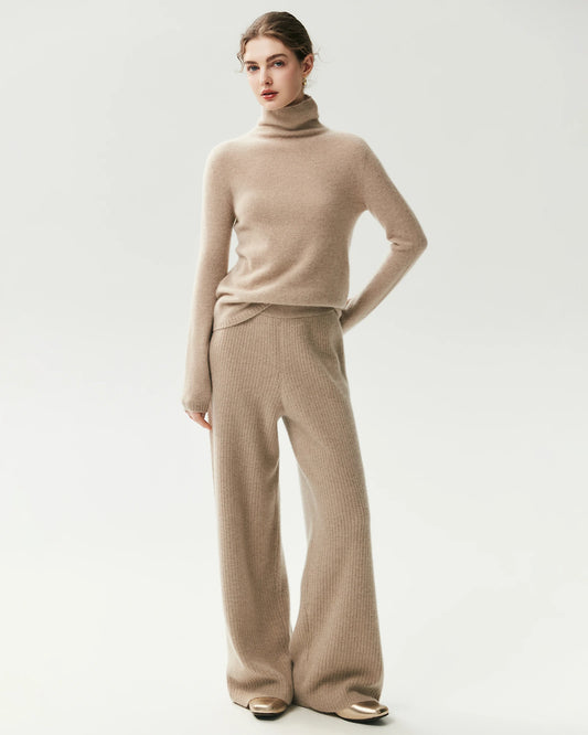 100%カシミヤ リブ編みワイドレッグニットパンツ