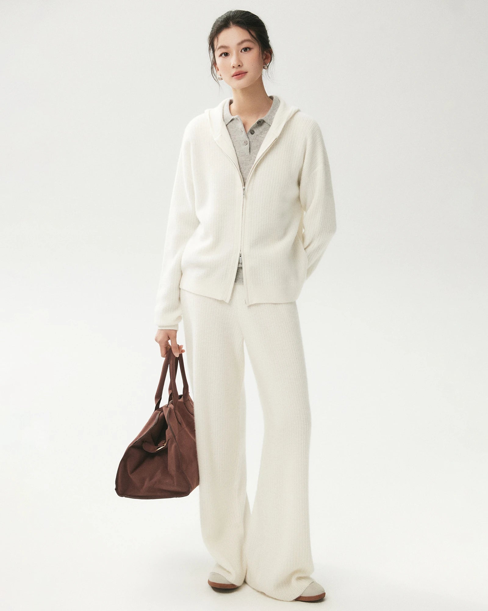 100%カシミヤ リブ編みワイドレッグニットパンツ