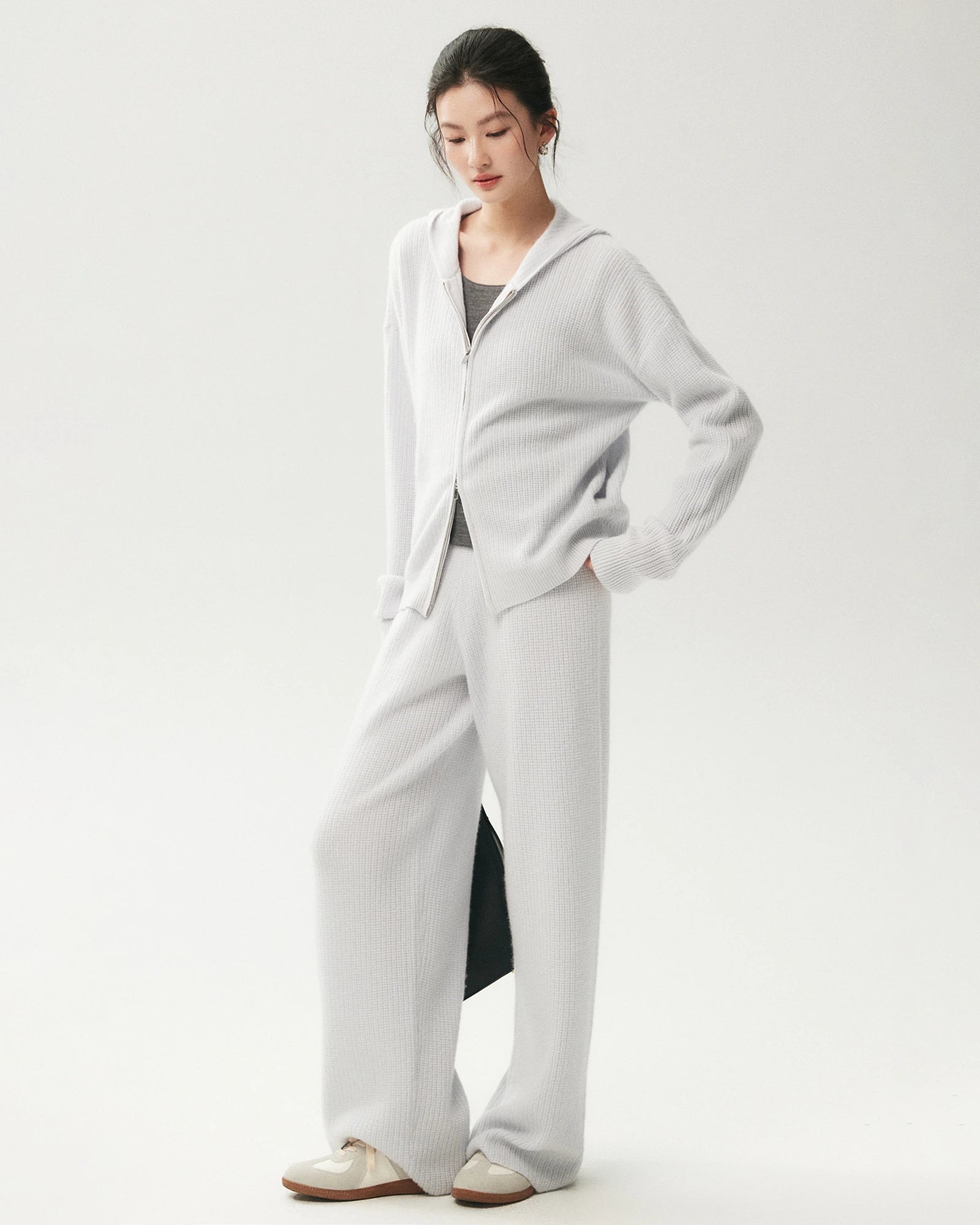 100%カシミヤ リブ編みワイドレッグニットパンツ
